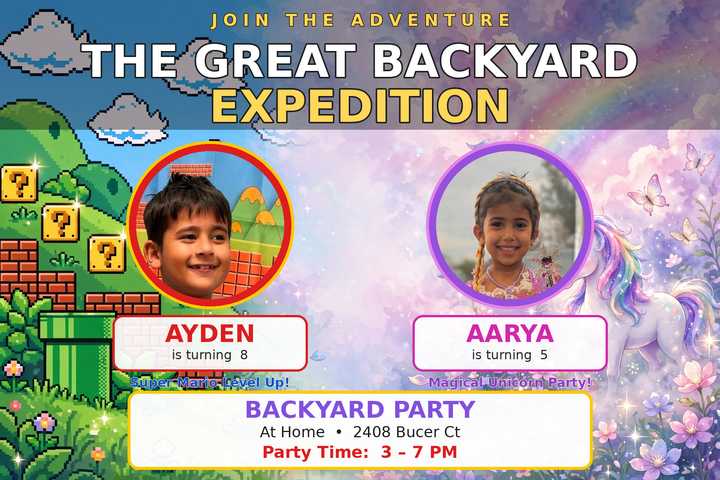 The Great Backyard Expedition party poster: Ayden's real photo in a red ring on the Super Mario side, Aarya's real photo in a purple ring on the unicorn side. Ayden is turning 8, Aarya is turning 5. Backyard party at home, 2408 Bucer Ct, 3 to 7 PM.